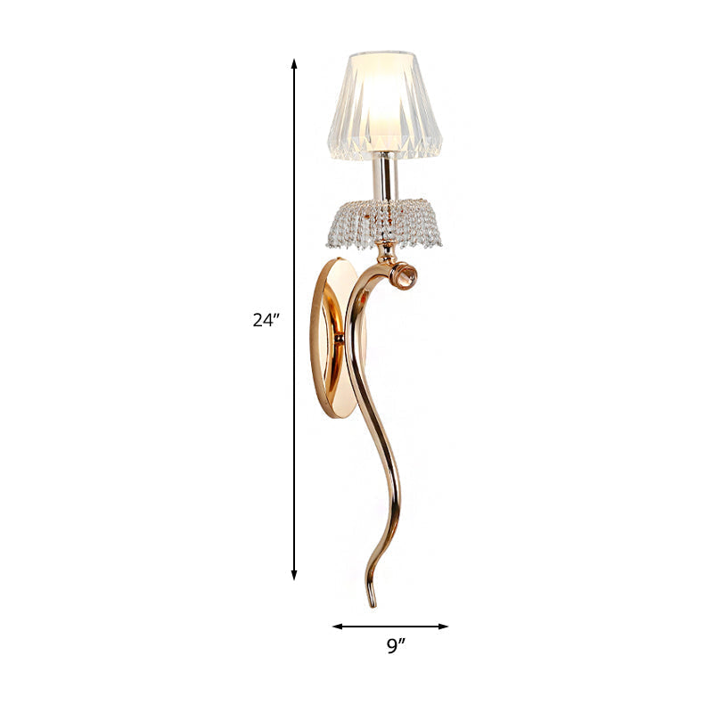 Traditional Clear Crystal Bedroom Wall Sconce Light - Gold Lamp With Curvy Metal Arm