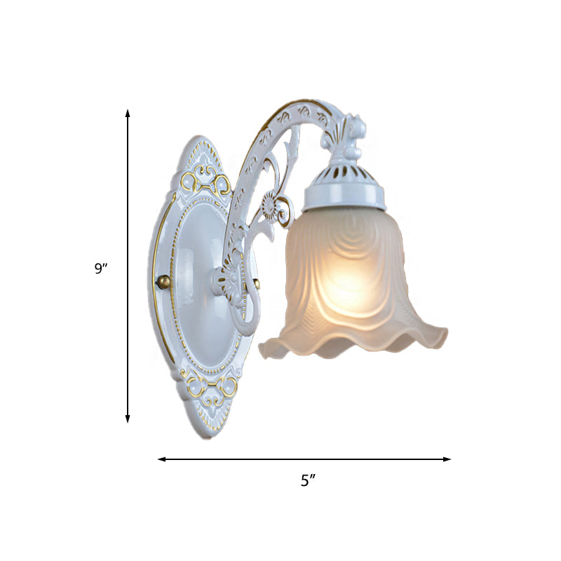 Traditional Frosted Glass Wall Lamp With Curvy Metal Arm - Flower Bedroom Light Fixture