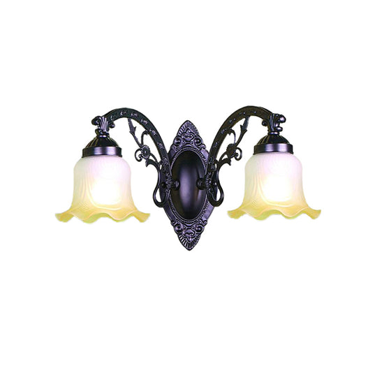 Retro Floral Wall Sconce With Frosted Glass & Metallic Curvy Arm - Black