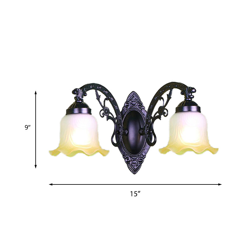 Retro Floral Wall Sconce With Frosted Glass & Metallic Curvy Arm - Black