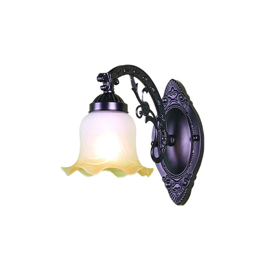 Retro Floral Wall Sconce With Frosted Glass & Metallic Curvy Arm - Black