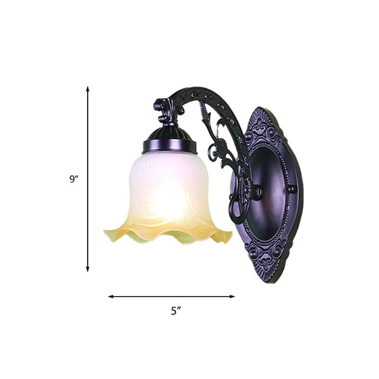 Retro Floral Wall Sconce With Frosted Glass & Metallic Curvy Arm - Black