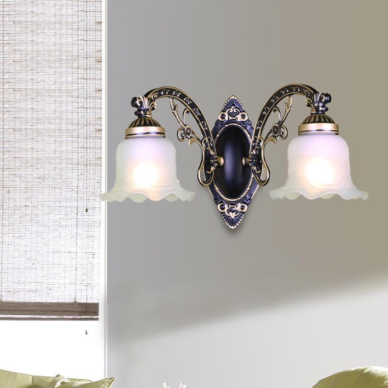 Traditional Black/White Blossom Wall Sconce With Frosted Glass Shade