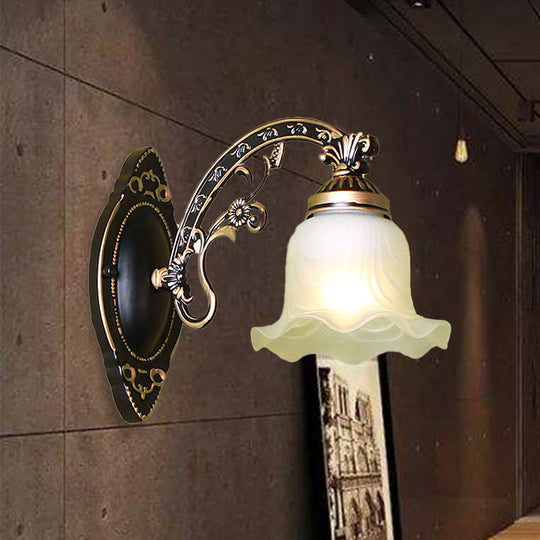 Traditional Black/White Blossom Wall Sconce With Frosted Glass Shade 1 / Black