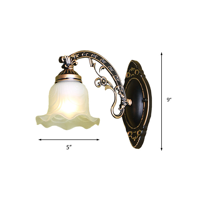 Traditional Black/White Blossom Wall Sconce With Frosted Glass Shade