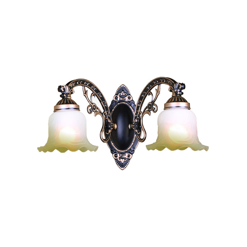 Retro Black/White Scalloped Sconce: Frosted Glass Shade Curved Arm Wall Lamp For Dining Room