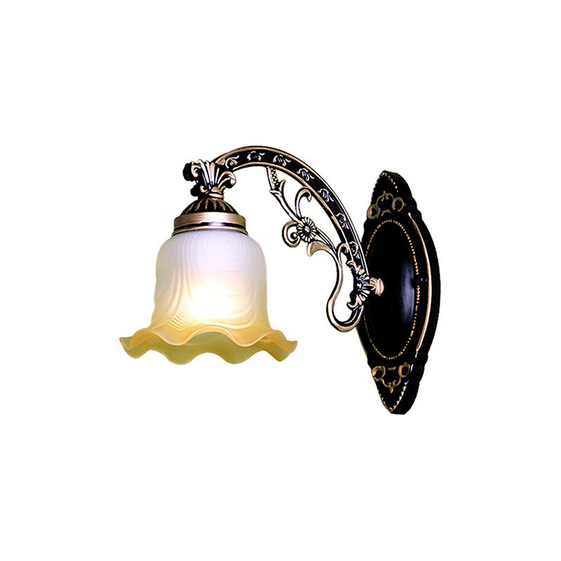 Retro Black/White Scalloped Sconce: Frosted Glass Shade Curved Arm Wall Lamp For Dining Room