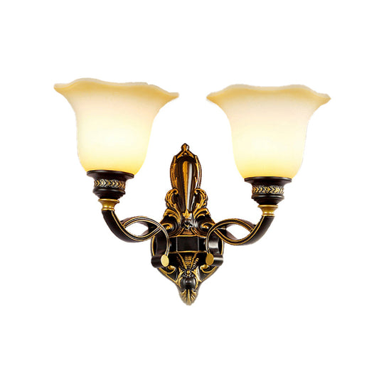 Traditional Black Blossom Wall Sconce With White Glass Shade Elegant Bedroom Light