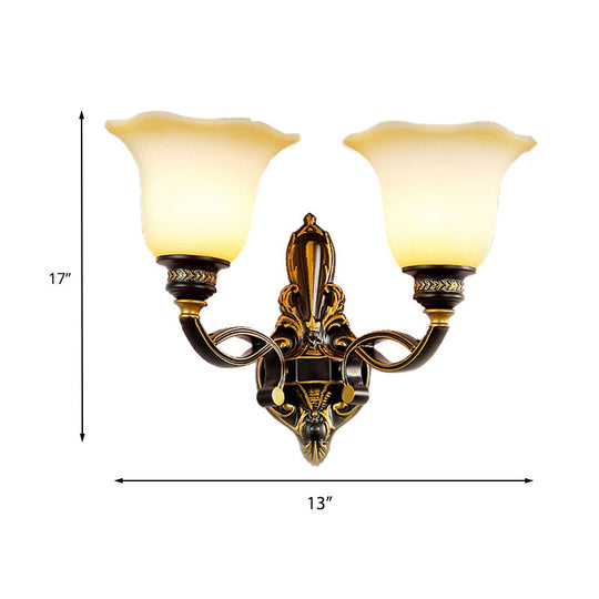 Traditional Black Blossom Wall Sconce With White Glass Shade Elegant Bedroom Light