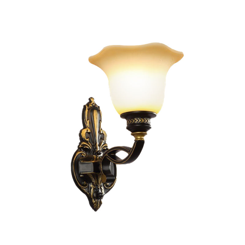 Traditional Black Blossom Wall Sconce With White Glass Shade Elegant Bedroom Light