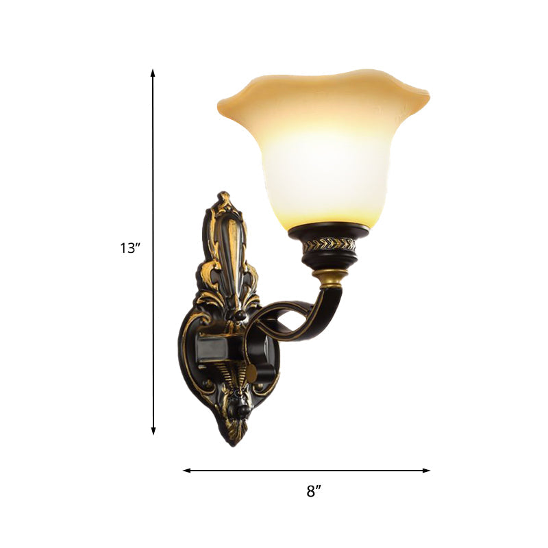 Traditional Black Blossom Wall Sconce With White Glass Shade Elegant Bedroom Light