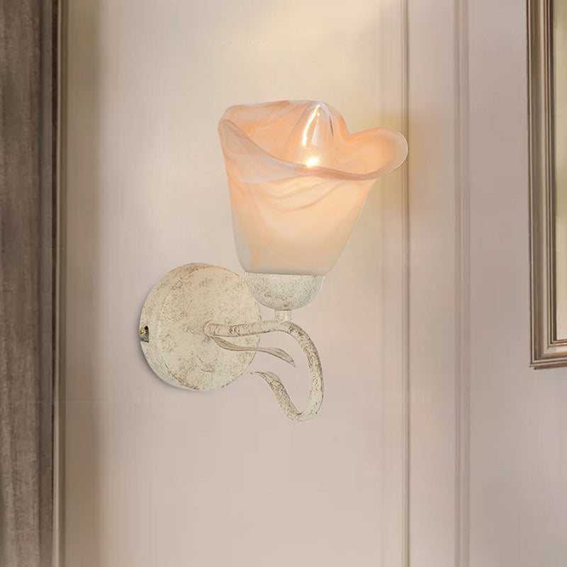 Frosted Glass Distressed White Floral Sconce: Bedroom Wall Mount Light