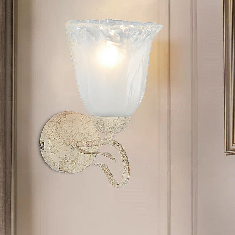 Vintage Floral Wall Sconce With Frosted Glass Shade - Elegant Single Bulb Light Fixture White