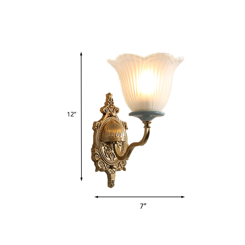 Vintage Milk Glass Brass Wall Lamp With Carved Blossom Design - 1/2-Light Sconce For Porch