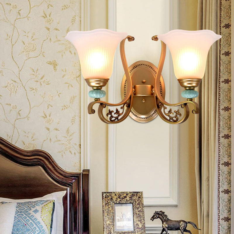 Golden Scalloped Wall Sconce Light With Milky Glass Shade For Bedroom