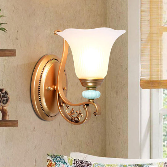 Golden Scalloped Wall Sconce Light With Milky Glass Shade For Bedroom