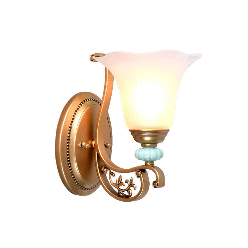 Golden Scalloped Wall Sconce Light With Milky Glass Shade For Bedroom