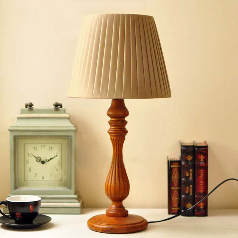 Classic Brown Table Lamp For Bedroom With Wood Base - Barrel Shape 1 Light Fabric Nightstand