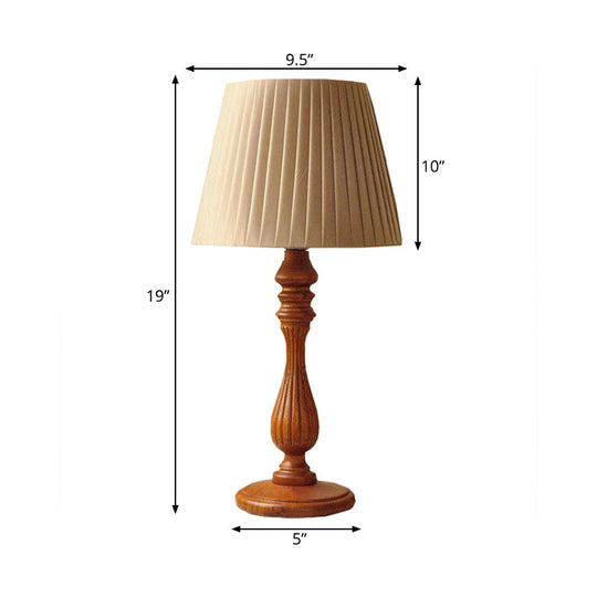 Classic Brown Table Lamp For Bedroom With Wood Base - Barrel Shape 1 Light Fabric Nightstand