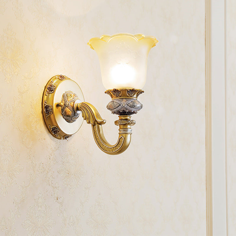 Vintage Flower Wall Light In Gold For Foyer - Frosted Glass Sconce With Metal Carved Arm