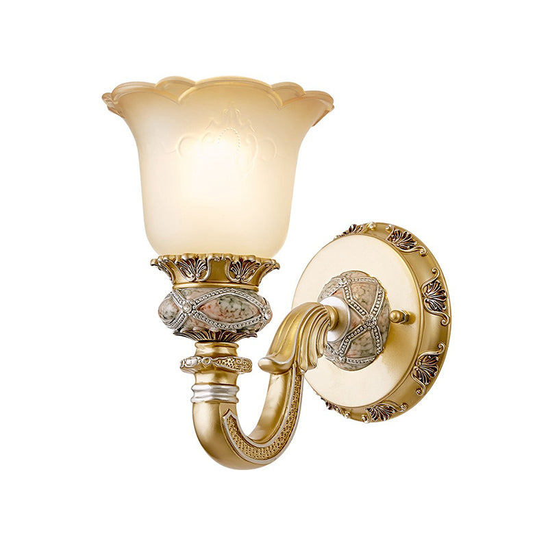 Vintage Flower Wall Light In Gold For Foyer - Frosted Glass Sconce With Metal Carved Arm