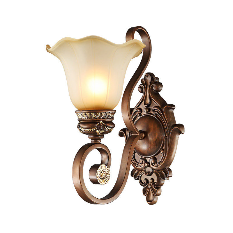 Retro Floral Wall Sconce Light With Metal Curved Arm - 1 Frosted Glass Brown Ideal For Porch