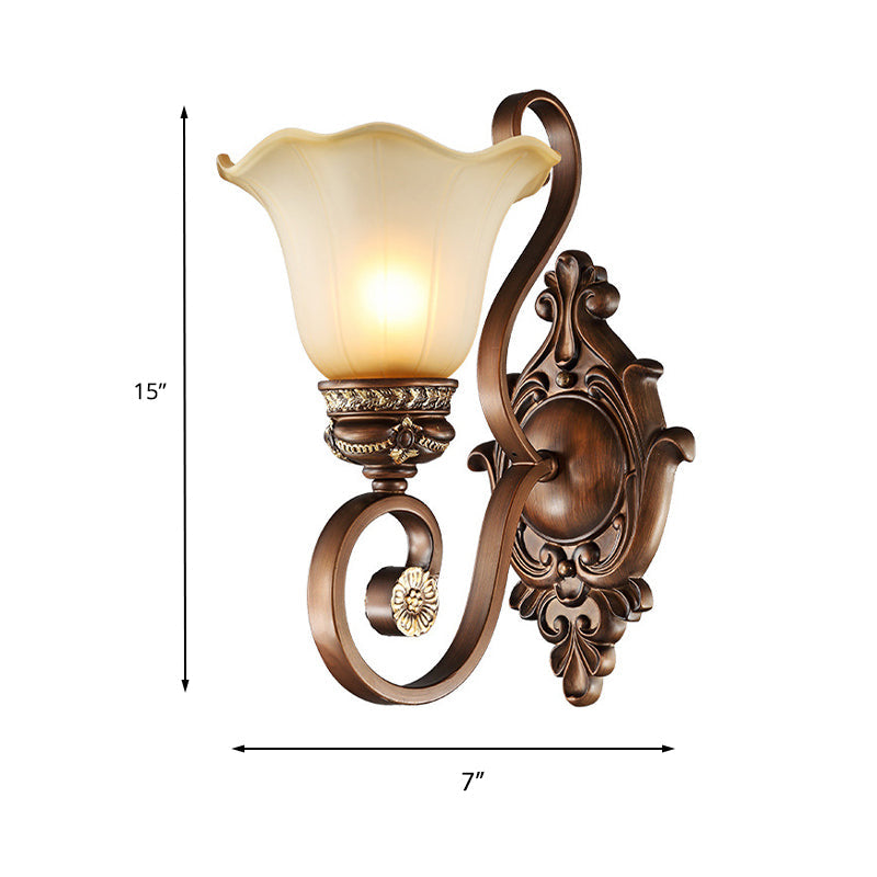 Retro Floral Wall Sconce Light With Metal Curved Arm - 1 Frosted Glass Brown Ideal For Porch