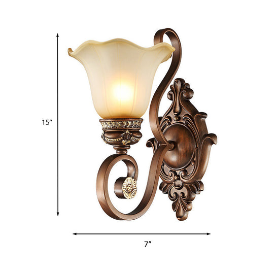 Retro Floral Wall Sconce Light With Metal Curved Arm - 1 Frosted Glass Brown Ideal For Porch