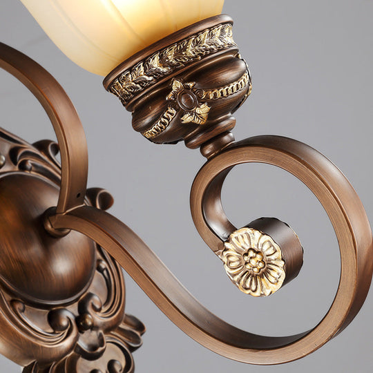 Retro Floral Wall Sconce Light With Metal Curved Arm - 1 Frosted Glass Brown Ideal For Porch