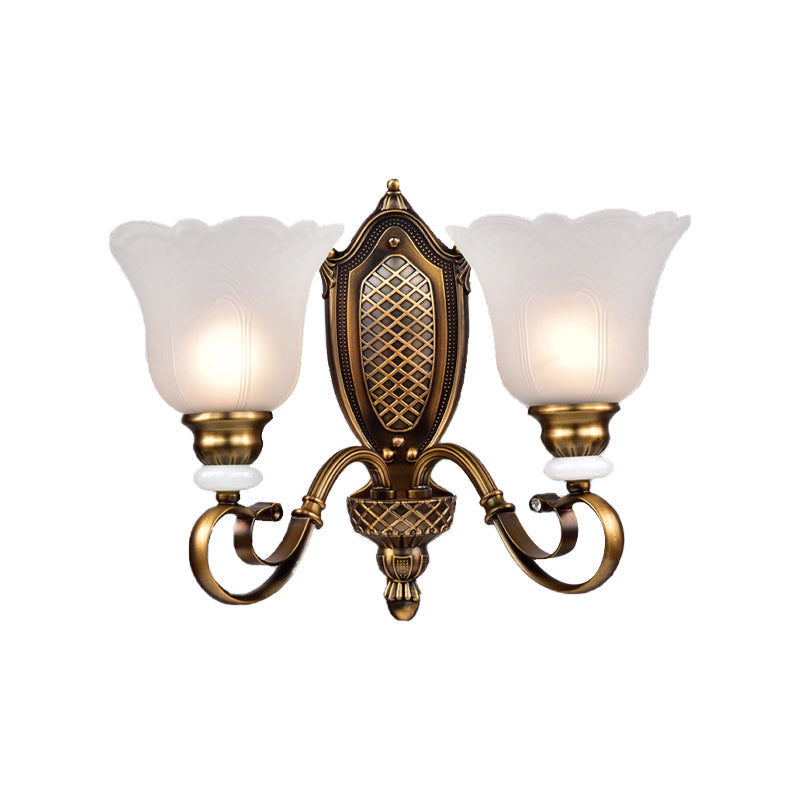 Retro Floral Sconce Light: 1/2-Light Vintage White Glass Wall Fixture With Metal Curved Arm In