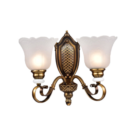 Retro Floral Sconce Light: 1/2-Light Vintage White Glass Wall Fixture With Metal Curved Arm In