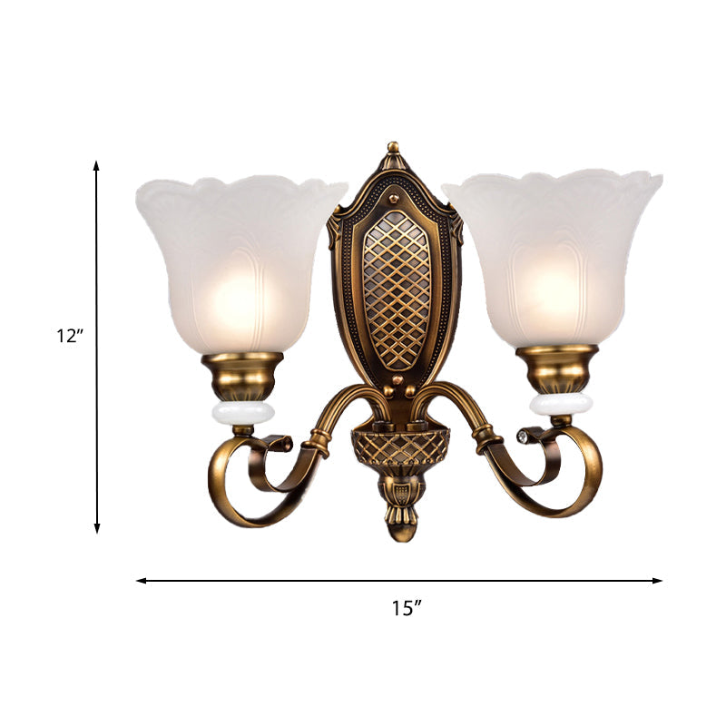 Retro Floral Sconce Light: 1/2-Light Vintage White Glass Wall Fixture With Metal Curved Arm In