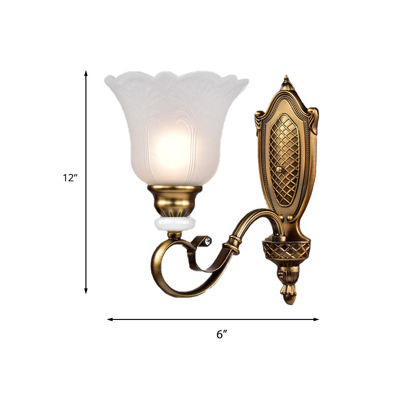 Retro Floral Sconce Light: 1/2-Light Vintage White Glass Wall Fixture With Metal Curved Arm In