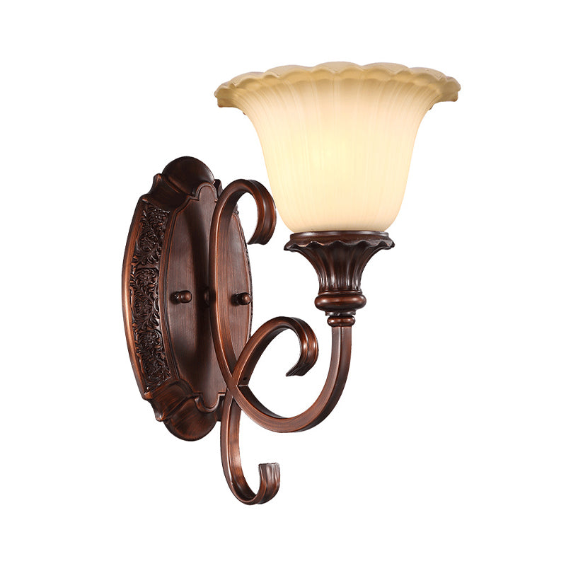 Vintage Style 1-Light Red Brown Flower Wall Sconce With Frosted Glass For Bedroom