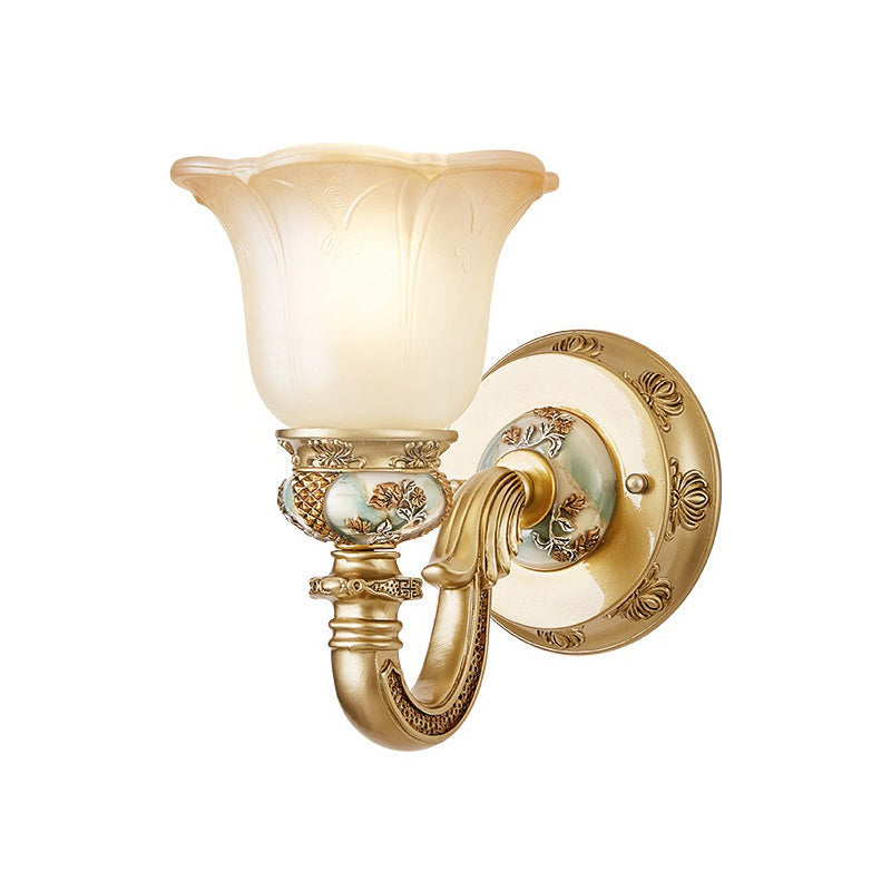 Traditional Gold Floral Wall Sconce With White Glass Bulb And Arched Arm - Dining Room Accent Light