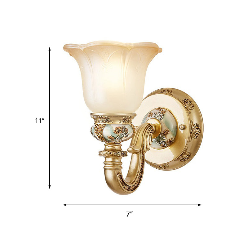 Traditional Gold Floral Wall Sconce With White Glass Bulb And Arched Arm - Dining Room Accent Light