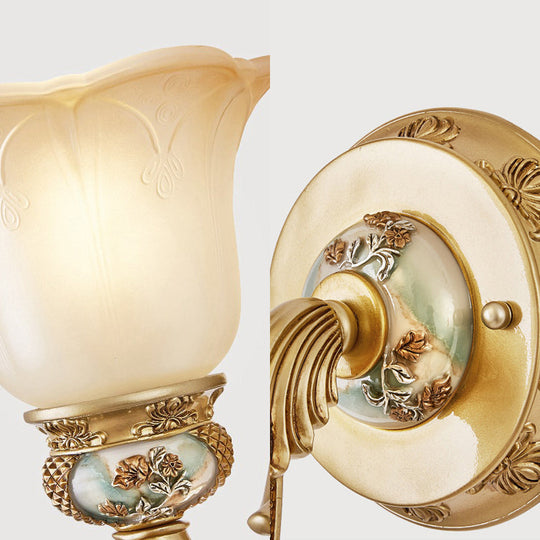 Traditional Gold Floral Wall Sconce With White Glass Bulb And Arched Arm - Dining Room Accent Light