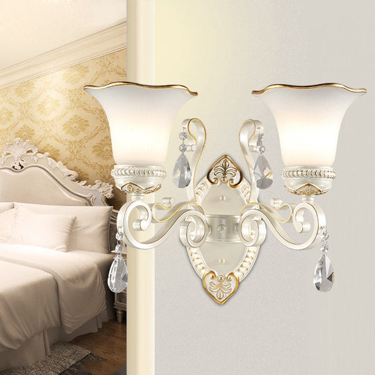 Frosted Glass Wall Sconce With Floral Shade And Crystal Accent For Living Room 2 / White