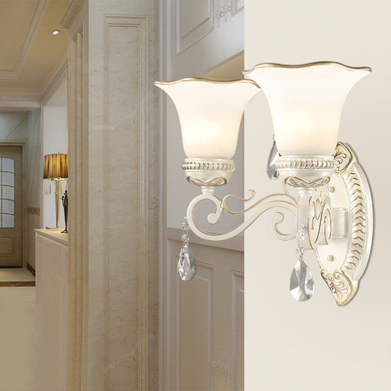 Frosted Glass Wall Sconce With Floral Shade And Crystal Accent For Living Room