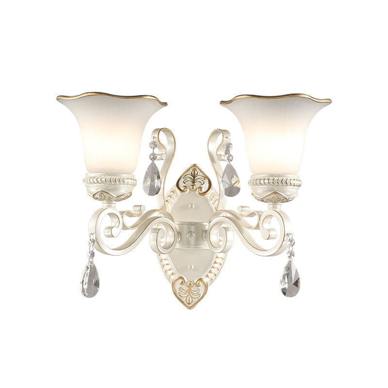 Frosted Glass Wall Sconce With Floral Shade And Crystal Accent For Living Room