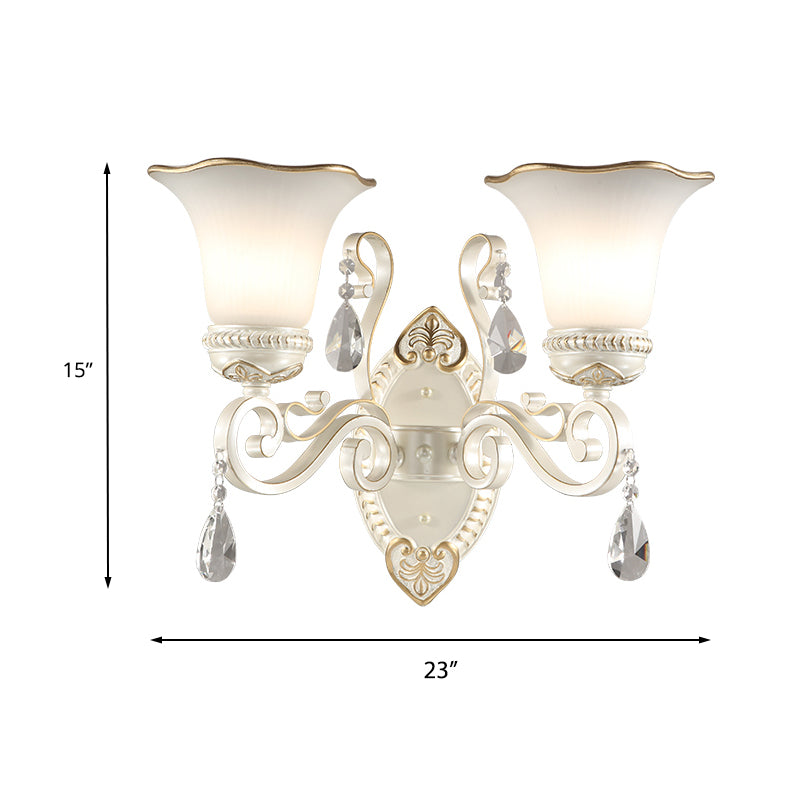 Frosted Glass Wall Sconce With Floral Shade And Crystal Accent For Living Room