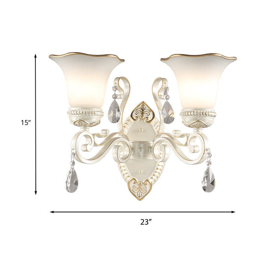 Frosted Glass Wall Sconce With Floral Shade And Crystal Accent For Living Room