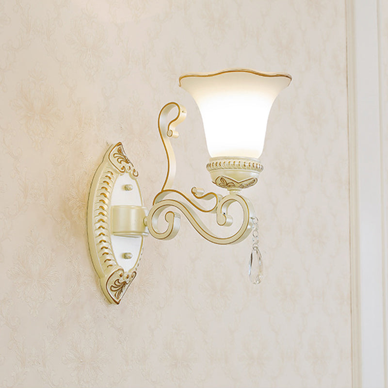 Frosted Glass Wall Sconce With Floral Shade And Crystal Accent For Living Room 1 / White