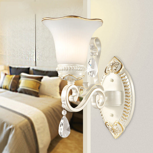 Frosted Glass Wall Sconce With Floral Shade And Crystal Accent For Living Room