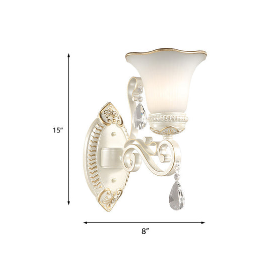 Frosted Glass Wall Sconce With Floral Shade And Crystal Accent For Living Room