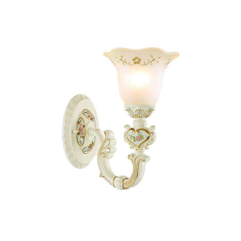 Retro Flower Frosted Glass Sconce Light With Carved Arm - 1-Light Wall Mount Lamp In White For Porch