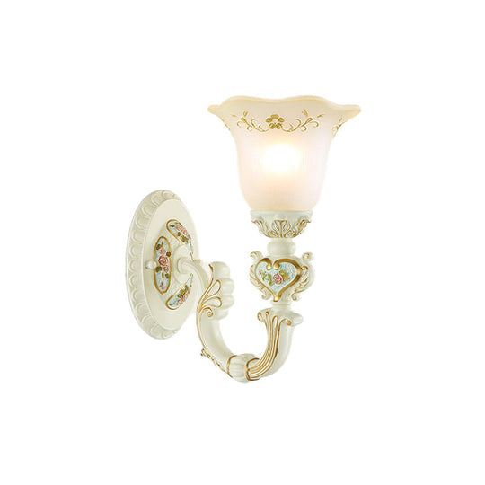 Retro Flower Frosted Glass Sconce Light With Carved Arm - 1-Light Wall Mount Lamp In White For Porch