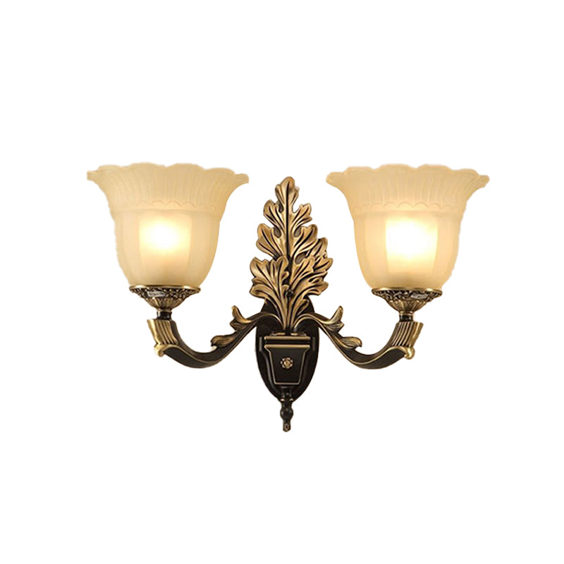 Traditional Blossom Frosted Glass Wall Sconce With Curvy Arm In Black For Hallway Lighting