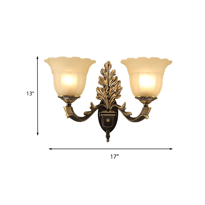 Traditional Blossom Frosted Glass Wall Sconce With Curvy Arm In Black For Hallway Lighting