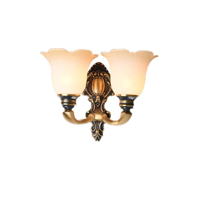 Traditional White Glass Floral Wall Sconce Light - Brass 1/2-Light Bedroom Lamp With Curvy Metal Arm